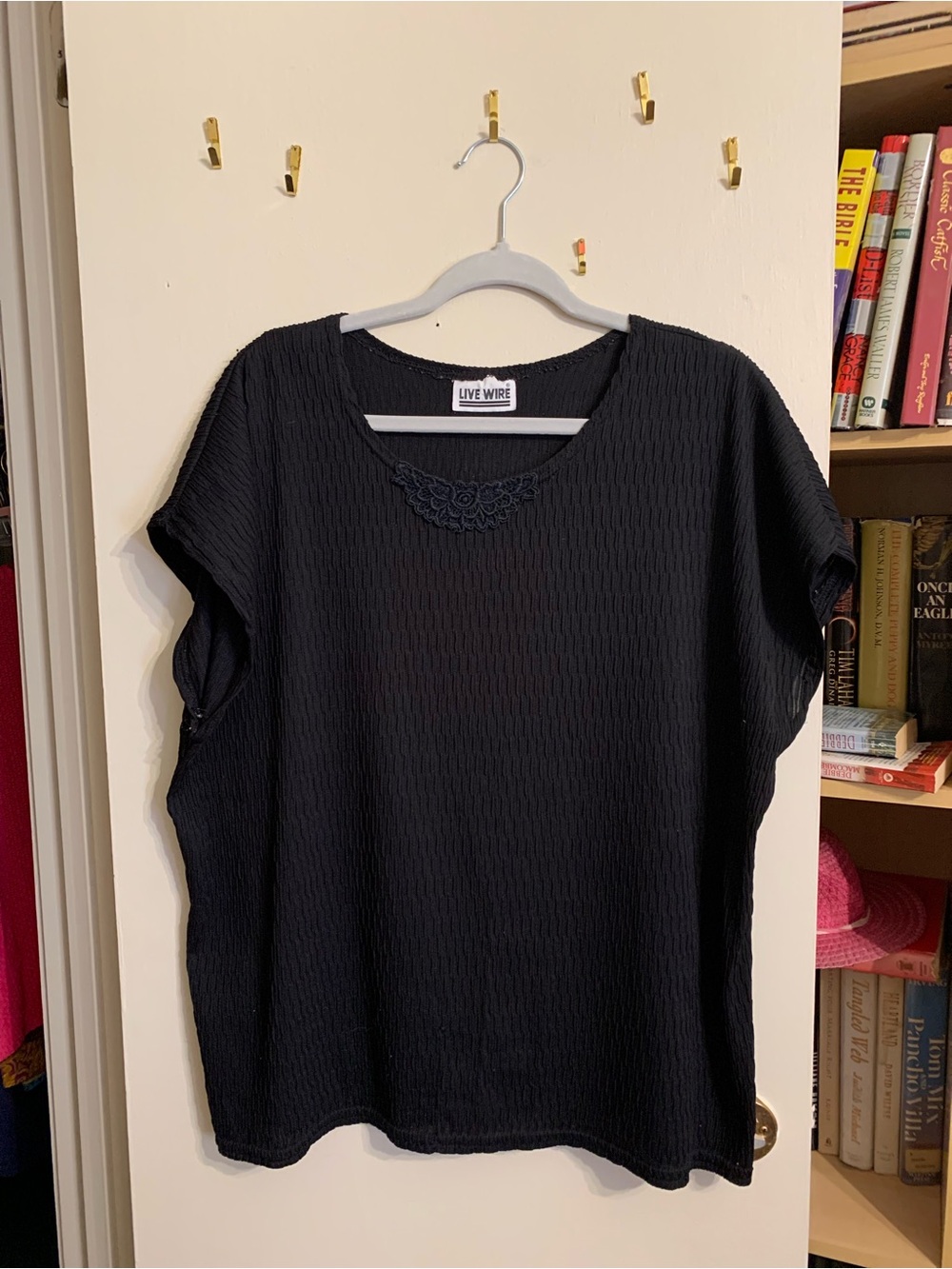Black Short-Sleeve Textured Tee with Lace Trim
